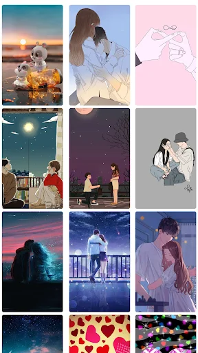 Romantic wallpaper showcase featuring sunset couples, starry night scenes, balcony romance, hearts, and glowing couple designs for phones