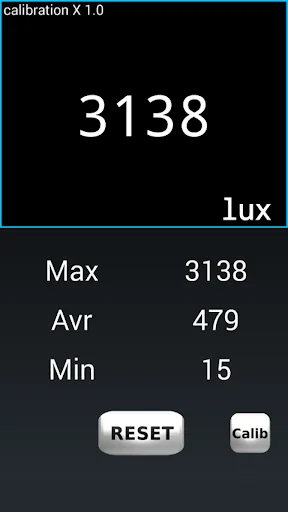 Lux meter app displaying 3138 lux light intensity reading with maximum, average, and minimum light statistics tracked.