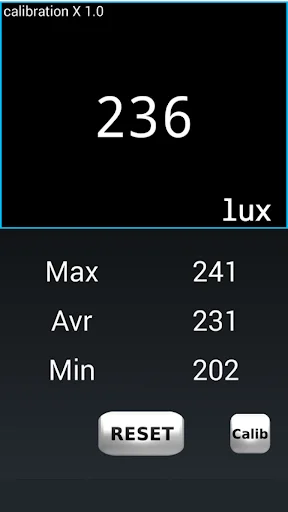 Light meter showing 236 lux current reading with maximum 241, average 231, and minimum 202 lux measurements.