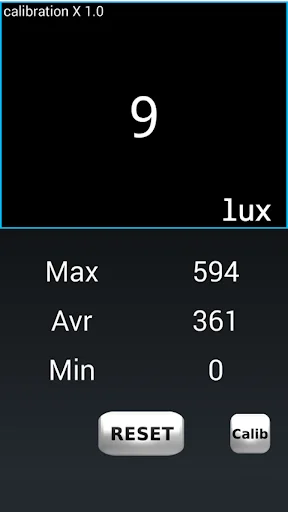 Light meter reading 9 lux in low-light conditions with maximum 594, average 361, and minimum 0 lux values.