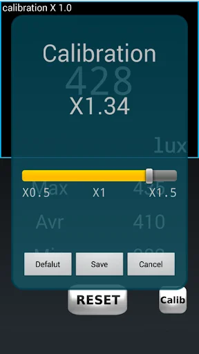 Calibration adjustment dialog with multiplier X1.34 and slider control for X0.5, X1, X1.5 settings with Save option.