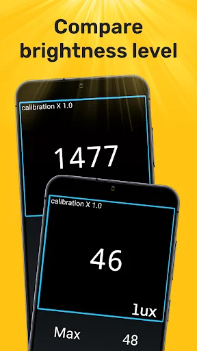 Compare brightness level feature showing two phones displaying different lux readings 1477 and 46 for light comparison