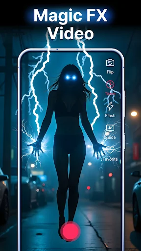 Magic FX Video editor showing silhouette with blue lightning effects, featuring real-time video editing tools like Flip, Flash, and Animate effects
