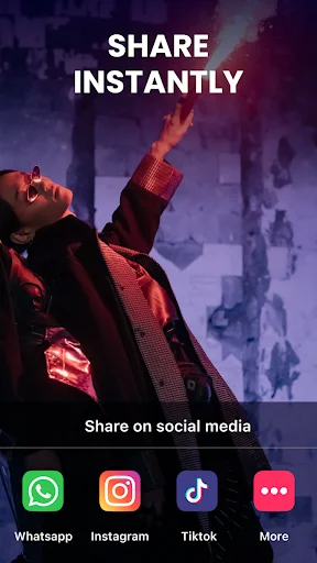 Share Instantly feature allowing video and photo export to WhatsApp, Instagram, TikTok and other social media platforms directly