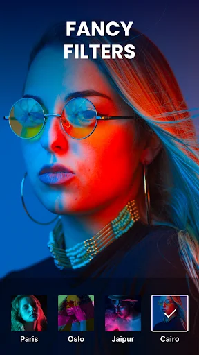 Fancy Filters interface displaying colorful light effect filters like Paris, Oslo, Jaipur, and Cairo with vibrant neon color combinations