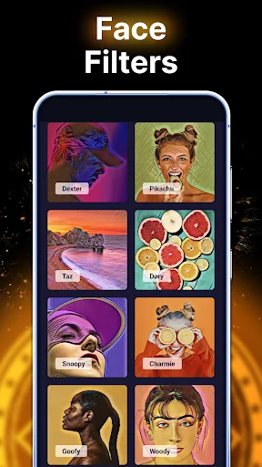 Face Filters feature displaying grid of cartoon and stylized filter options including Dexter, Pikachoo, Snoopy, and Glamify transformations