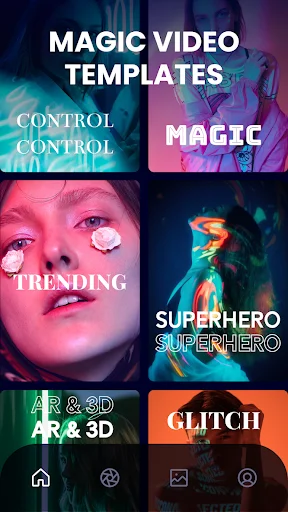 Magic Video Templates interface showing template categories - Control, Magic, Trending, Superhero, AR & 3D, and Glitch with preview thumbnails