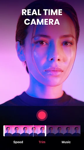 Real Time Camera in Magic FX showing neon lighting and color effects applied to portrait with Speed, Trim, and Music video editing controls