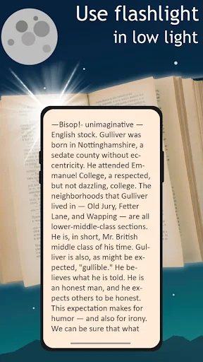 OCR Scanner using flashlight feature to read and magnify small text from book pages in low light conditions
