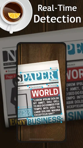 Real-time text detection capturing and magnifying newspaper text displayed on smartphone camera view