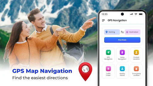 GPS navigation app interface with Find Route button, starting and destination fields, and menu icons for navigation options
