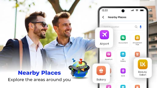 Nearby Places screen displaying nearby attractions including Airport, Restaurant, Hotel, Gallery, and Bakery locations