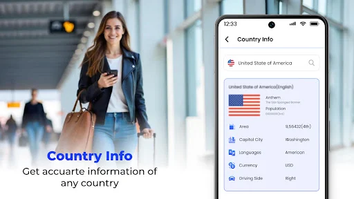 Country Info feature showing United States details with flag, capital city, area, currency USD, and driving information