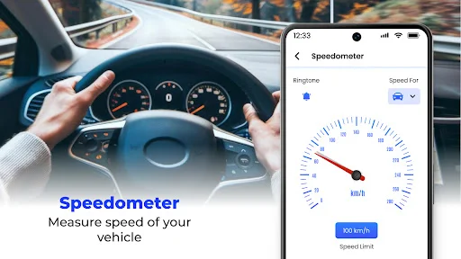 Speedometer tool measuring vehicle speed in km/h with analog gauge display and speed limit indicator while driving