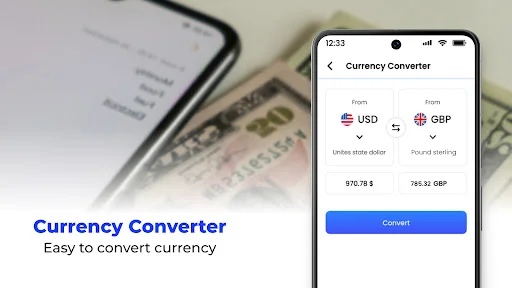 Currency Converter app converting USD to GBP with input and output amount fields, showing exchange rates and conversion button