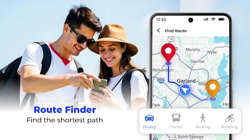 Route finder GPS app showing interactive map with multiple destinations and transportation mode options: Driving, Transit, Walking, and Cycling