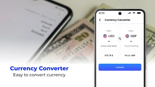 Currency converter app showing USD to GBP exchange rate with conversion amounts calculated and Convert button for quick currency exchange