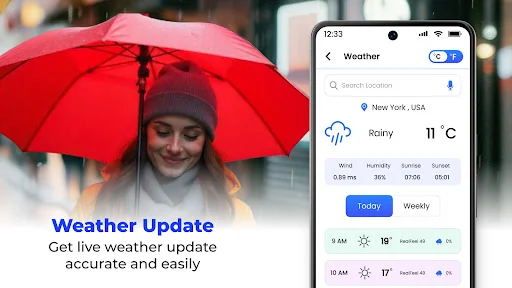 Weather app screen for New York showing rainy conditions with 11°C temperature, humidity, and hourly forecast