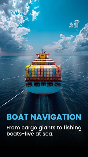 Cargo ship loaded with colorful containers viewed from above for boat navigation tracking and live sea monitoring