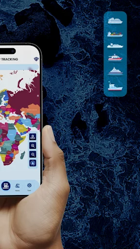 Hand holding phone showing vessel tracking map with highlighted global regions and ship navigation icons and routes