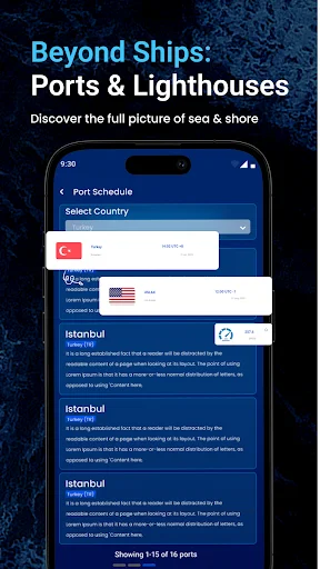Port schedule feature displaying detailed port information, destinations, and maritime arrival data by country location
