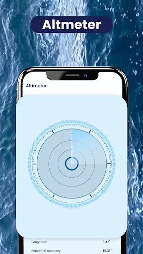 Altimeter navigation tool showing altitude measurement gauge with longitude and horizontal accuracy precision readings