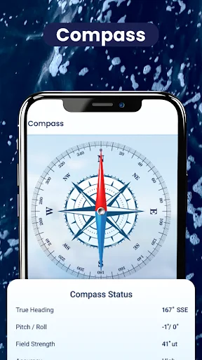 Digital compass navigation tool showing directional heading, true heading reading, pitch roll and field strength status