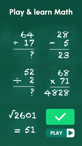 Play & learn Math home screen displaying addition, subtraction, multiplication, division problems with play button