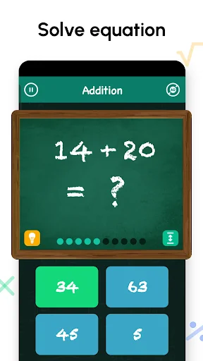 Solve addition equation 14 + 20 with multiple choice answers 34, 63, 46, 5 to select
