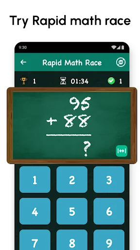 Rapid Math Race timed challenge showing 95 + 88 math problem with numeric keypad input