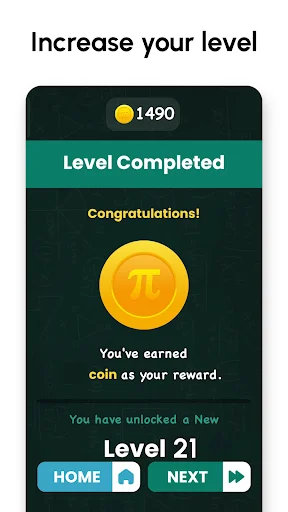 Level completion congratulations screen with 1490 coin reward and Level 21 unlocked message