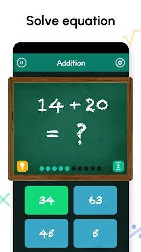 Addition math equation 14 + 20 with multiple choice answer options for solving