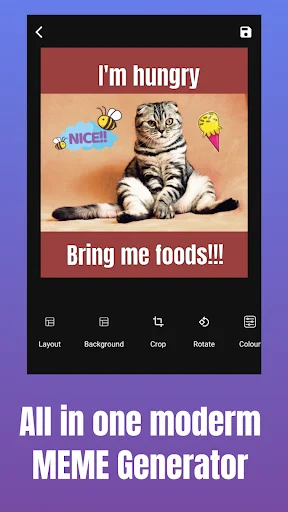 Meme creator with text editor, layout options, and tools for background, crop, rotate, and color adjustments