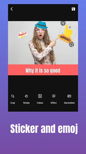 Meme editor with sticker and emoji decoration tools, crop, rotate, color, effect, and text styling options