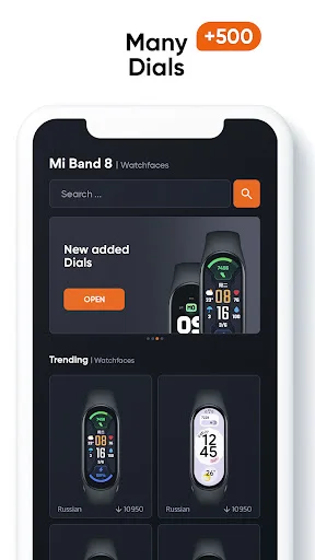 Mi Band 8 watch faces app displaying 500+ available dials with search bar, new added collection, and trending watchfaces to browse and personalize