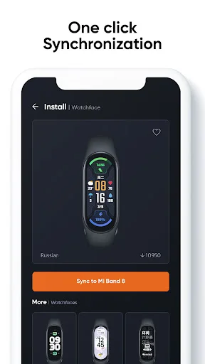 Mi Band 8 watch face installation screen with prominent orange 'Sync to Mi Band 8' button and additional dial options in the more watchfaces section below