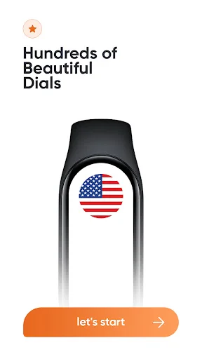 Mi Band 8 onboarding screen featuring smart bracelet with USA flag watch dial theme and 'let's start' button to begin personalizing watch faces