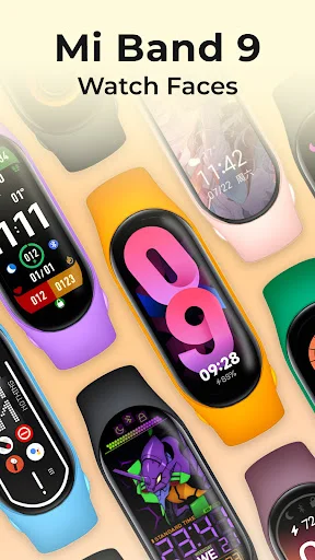 Mi Band 9 Watch Faces app featuring colorful watch face designs for smartwatch personalization