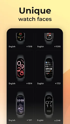 Grid of unique Mi Band 9 watch faces with download counts and language settings for selection