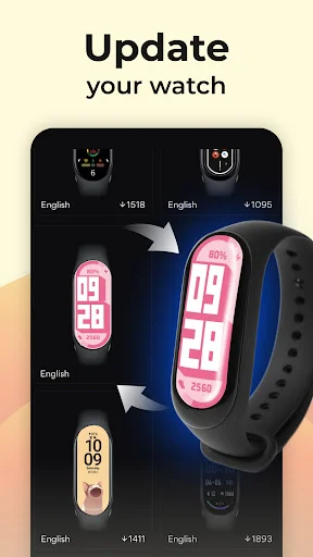 Mi Band 9 device preview showing real-time watch face appearance with update and sync options