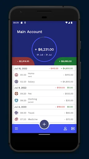 Main account dashboard showing $6,231.00 balance with expense and income summary bars and transaction list