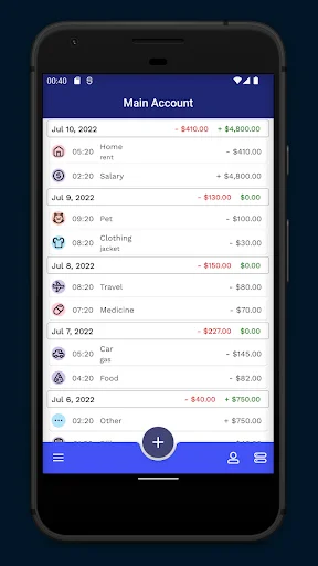 Money manager transaction history displaying expense categories with dates and amounts for budget tracking