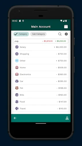 Main account category list showing expense categories with total amounts for detailed budget analysis and tracking