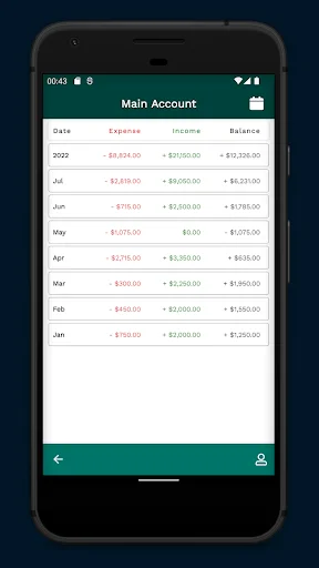 Monthly financial summary table with date, expenses, income, and balance columns for year-to-date analysis