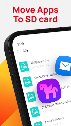 Move Apps To SD Card app main interface showing list of installable apps including Wallpapers Pro, Credit Card Wallet, and GPS Photo ready to transfer