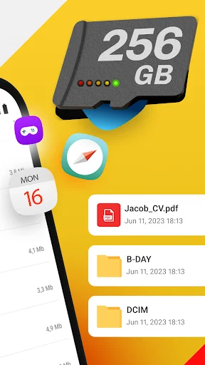 SD card storage information display showing 256GB capacity with file list including Jacob_CV.pdf and DCIM folders for file management