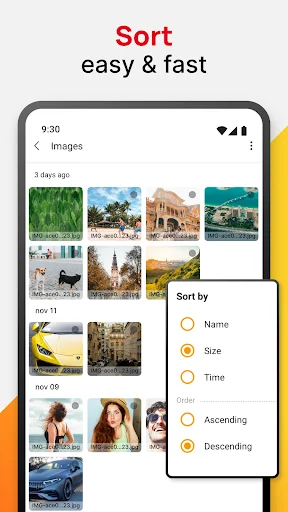 Sort and organize files with multiple sorting options: Name, Size, Time, Ascending, and Descending order for easy file arrangement