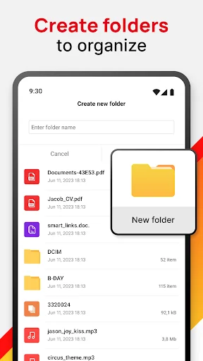 Create new folder dialog interface with folder creation field to organize and manage files in custom folders on SD card