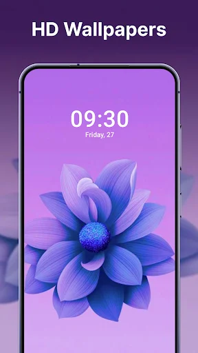 Phone lock screen displaying HD purple flower live wallpaper with animated moving background and time 09:30