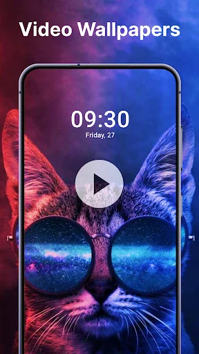 Mobile lock screen featuring colorful cat face live video wallpaper with play button for animation preview